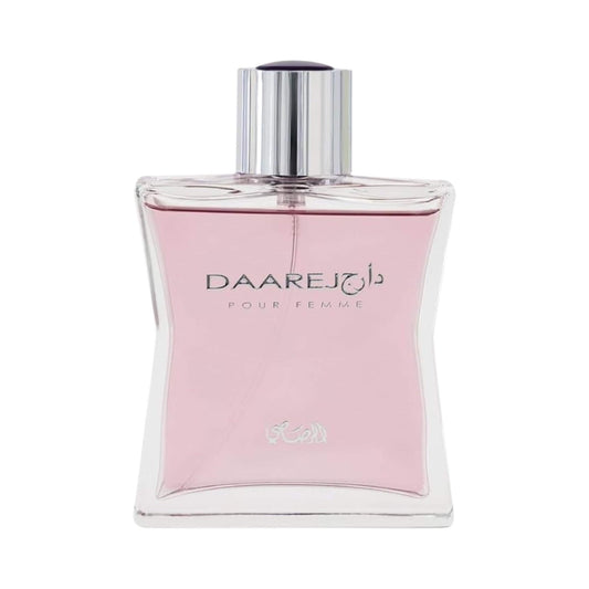 Perfume bottle with pink liquid and 'Daarej Pour Femme' branding on a white background.