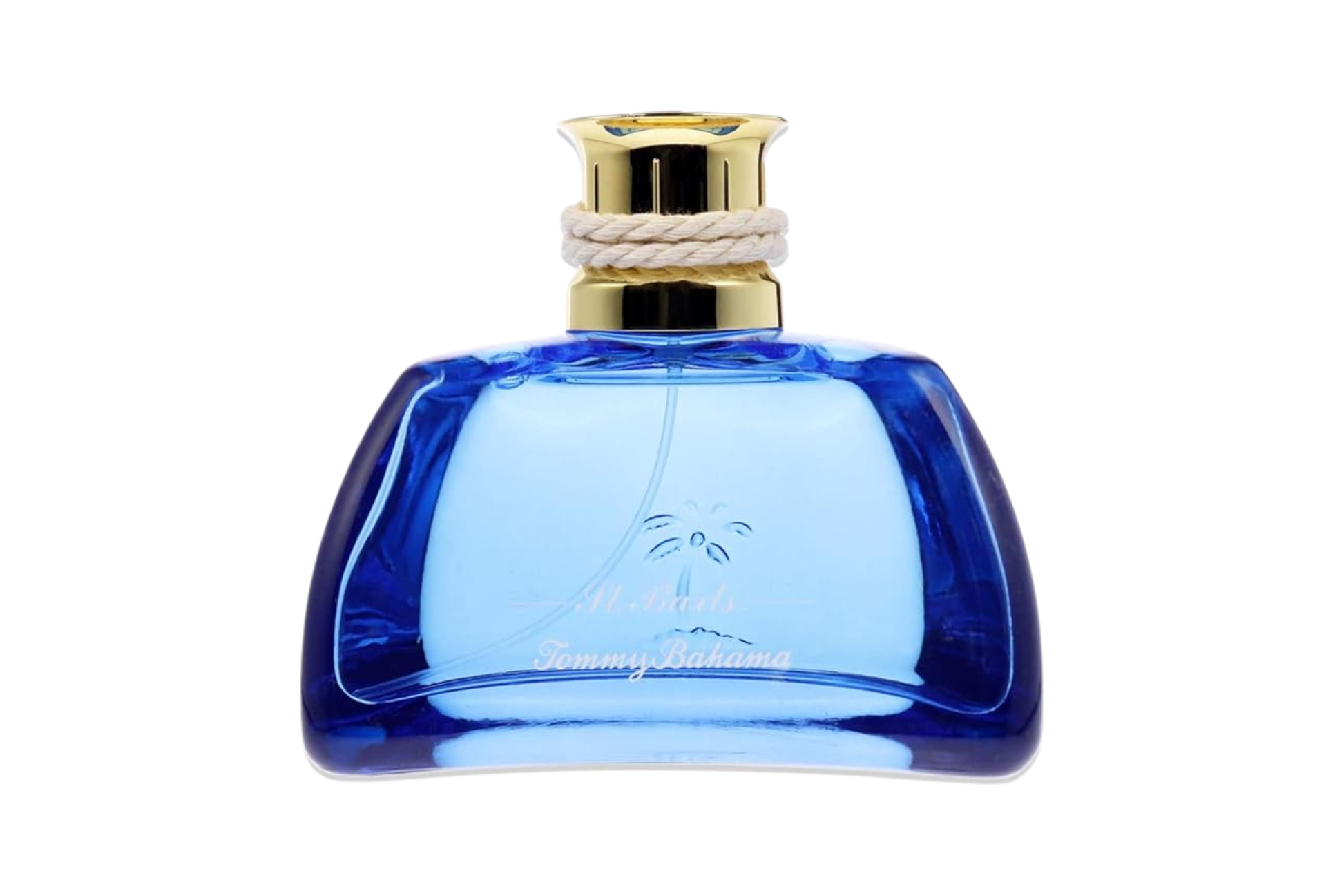 Blue perfume bottle with gold cap on a white background