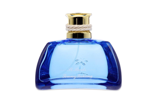 Blue perfume bottle with gold cap on a white background
