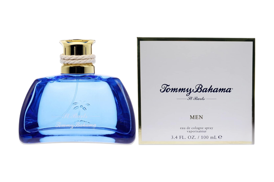 Blue perfume bottle with gold cap and packaging labeled 'Tommy Bahama' on a white background