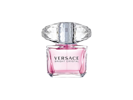 Versace perfume bottle with pink base and silver cap on a white background