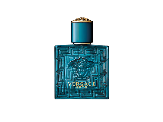 Blue Versace Eros perfume bottle on a white background