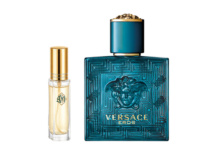Versace Eros perfume bottle with a smaller tester bottle on a white background.
