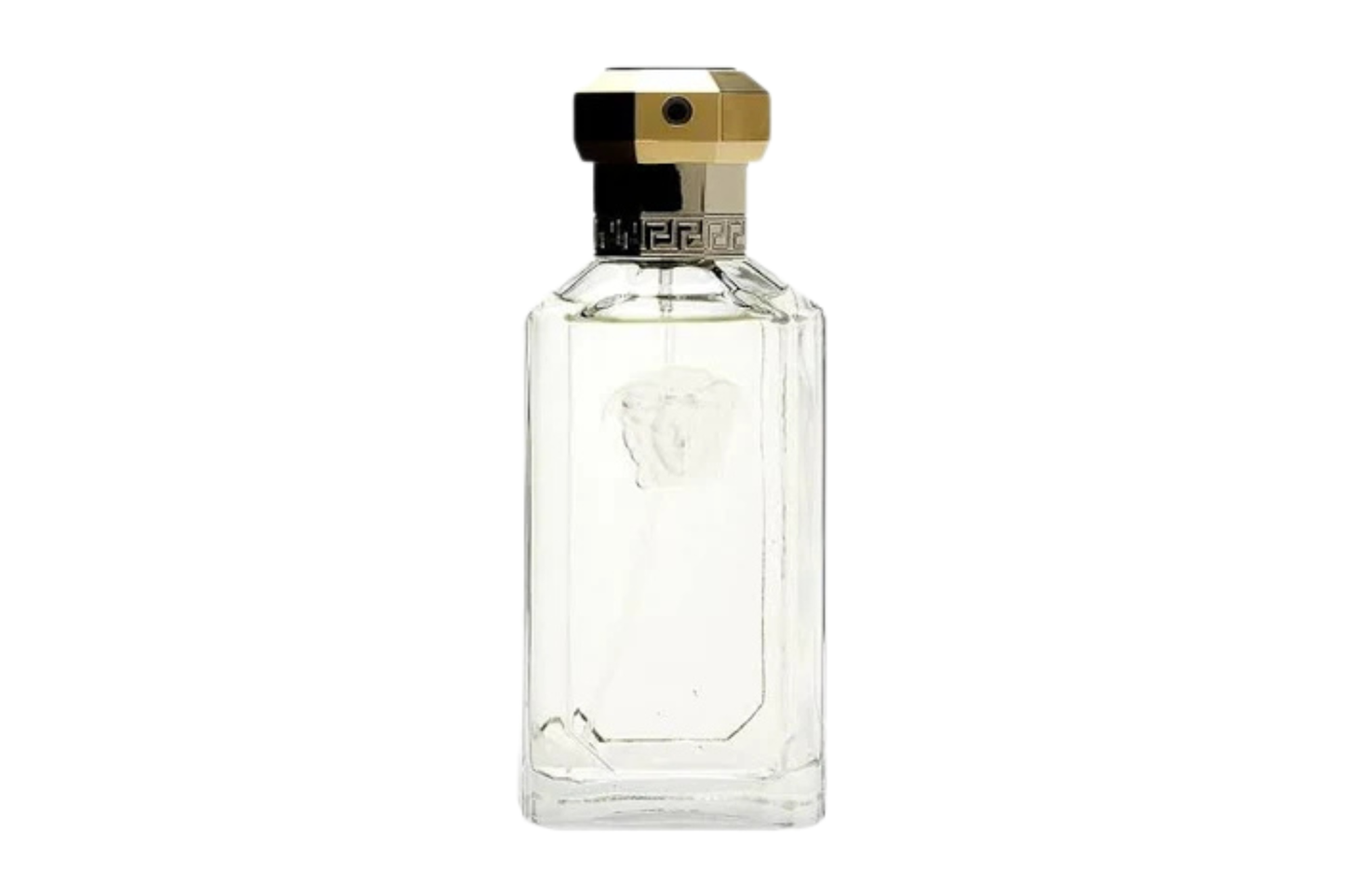 Clear perfume bottle with gold cap on a white background
