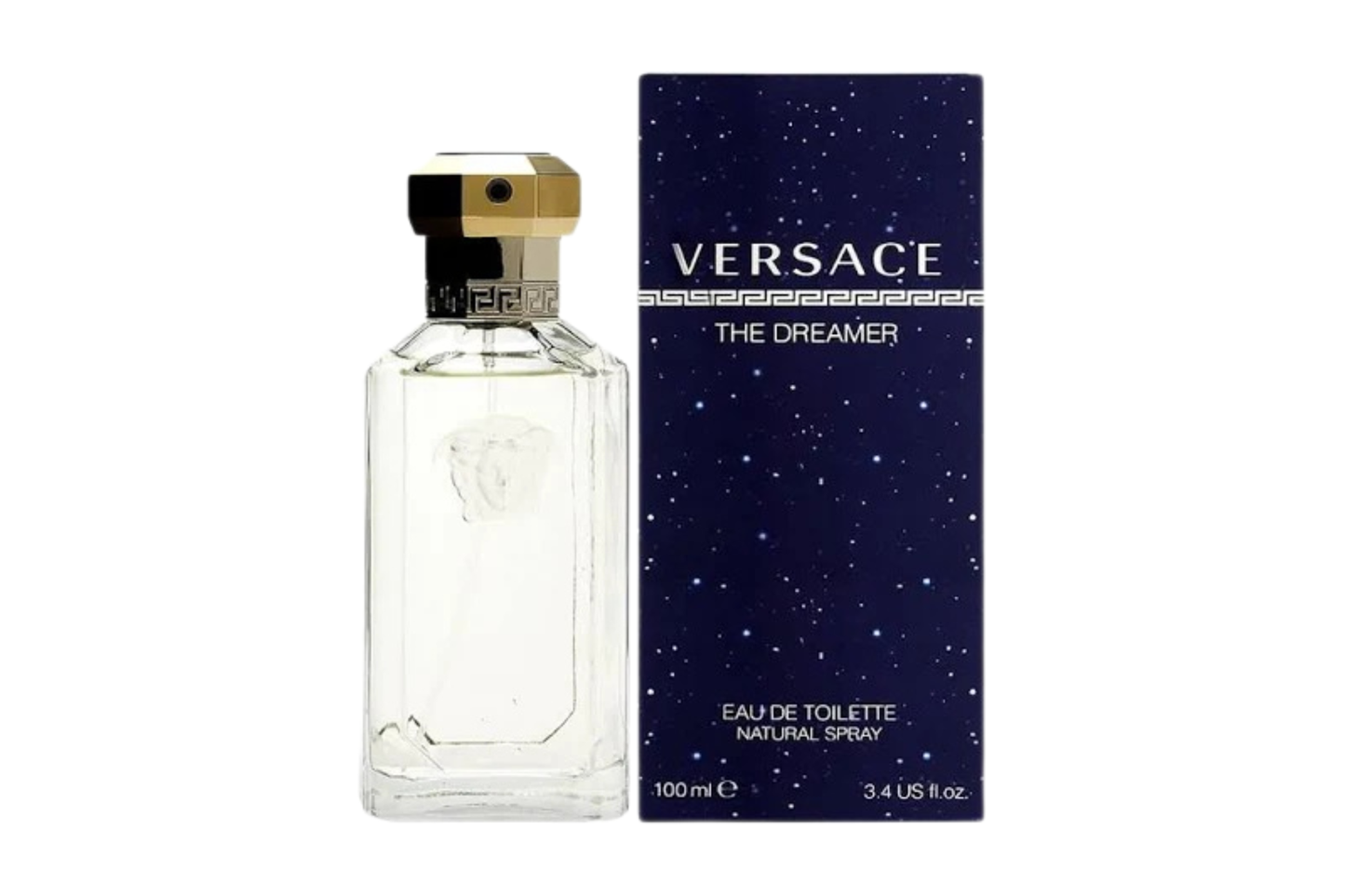Versace The Dreamer perfume bottle and packaging on a white background