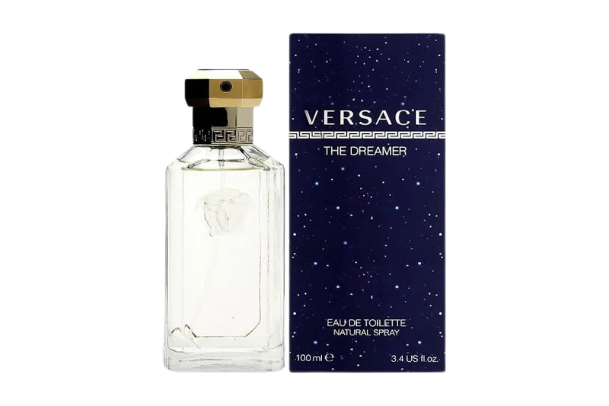 Versace The Dreamer perfume bottle and packaging on a white background