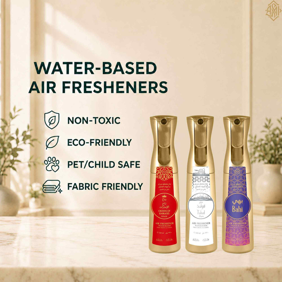 Information about the benefits of water based air fresheners, with three bottles beside the text, all on a luxurious countertop.