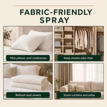 A promotional graphic for FABRIC-FRIENDLY SPRAY showing four bedroom and closet scenes with text labels: Mist pillows and mattresses, Keep closets odor-free, Refresh bed sheets, and Scent curtains and sofas. The layout has a warm beige background and dark green title and label bars.